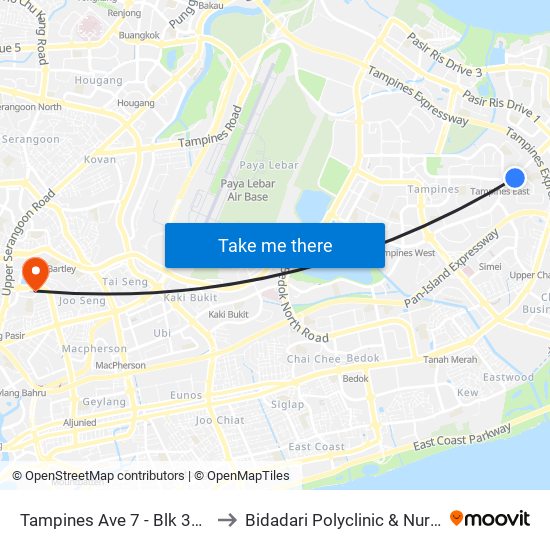 Tampines Ave 7 - Blk 390 (76239) to Bidadari Polyclinic & Nursing Home map