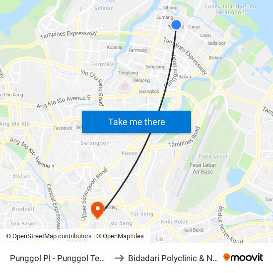 Punggol Pl - Punggol Temp Int (65009) to Bidadari Polyclinic & Nursing Home map