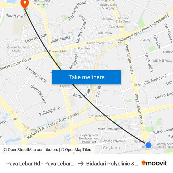 Paya Lebar Rd - Paya Lebar Stn Exit B (81111) to Bidadari Polyclinic & Nursing Home map