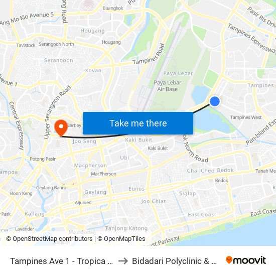 Tampines Ave 1 - Tropica Condo (75259) to Bidadari Polyclinic & Nursing Home map