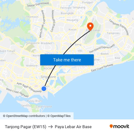 Tanjong Pagar (EW15) to Paya Lebar Air Base map