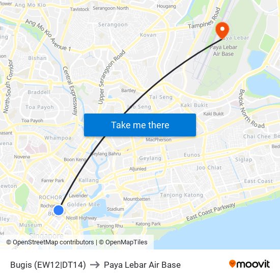 Bugis (EW12|DT14) to Paya Lebar Air Base map