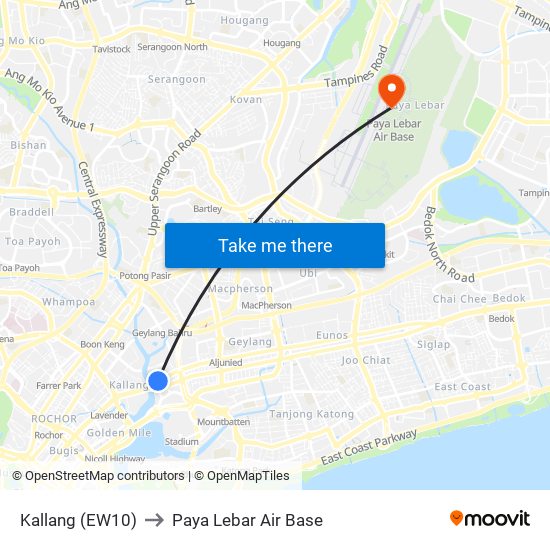 Kallang (EW10) to Paya Lebar Air Base map