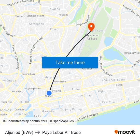 Aljunied (EW9) to Paya Lebar Air Base map
