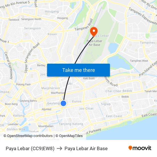 Paya Lebar (CC9|EW8) to Paya Lebar Air Base map