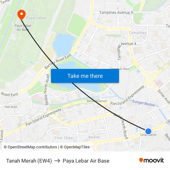 Tanah Merah (EW4) to Paya Lebar Air Base map