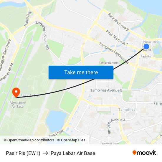 Pasir Ris (EW1) to Paya Lebar Air Base map