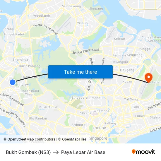 Bukit Gombak (NS3) to Paya Lebar Air Base map