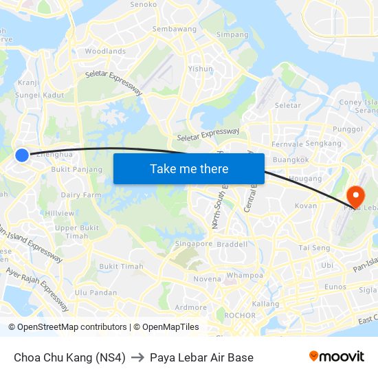 Choa Chu Kang (NS4) to Paya Lebar Air Base map