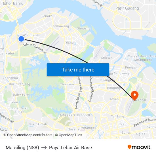 Marsiling (NS8) to Paya Lebar Air Base map