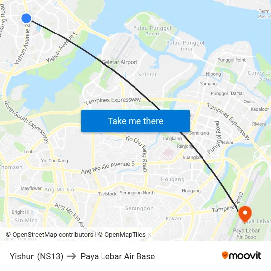 Yishun (NS13) to Paya Lebar Air Base map