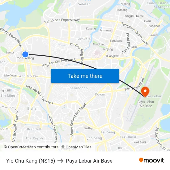 Yio Chu Kang (NS15) to Paya Lebar Air Base map
