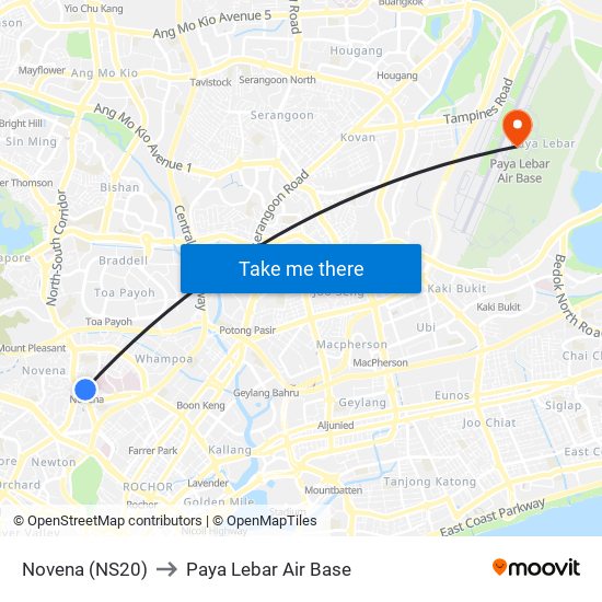 Novena (NS20) to Paya Lebar Air Base map