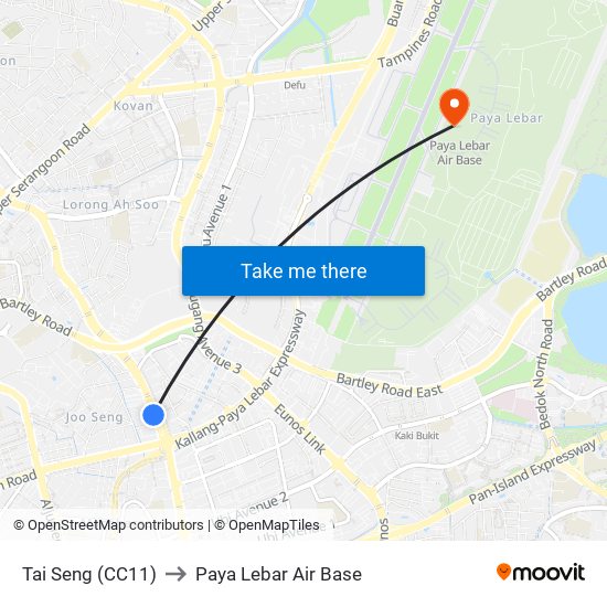 Tai Seng (CC11) to Paya Lebar Air Base map