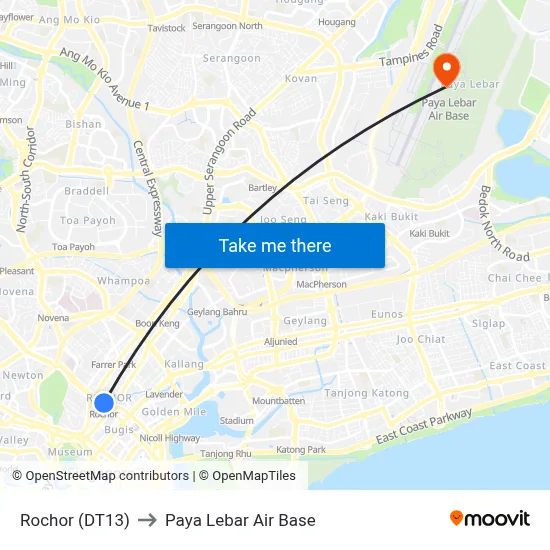 Rochor (DT13) to Paya Lebar Air Base map