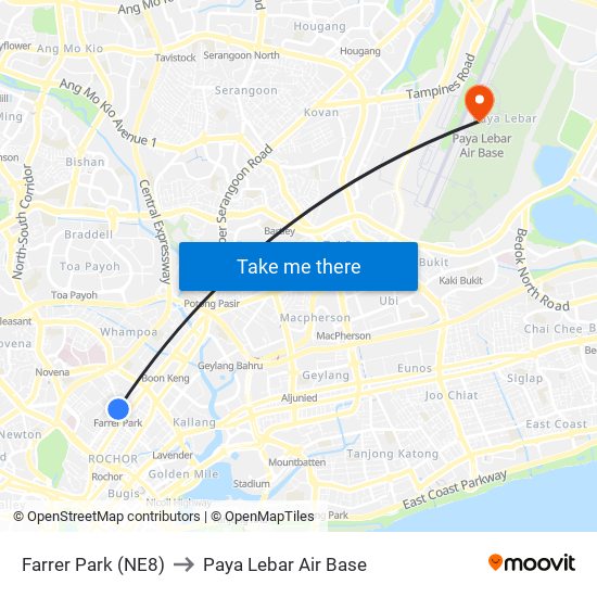 Farrer Park (NE8) to Paya Lebar Air Base map