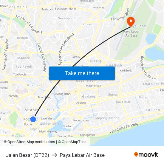 Jalan Besar (DT22) to Paya Lebar Air Base map