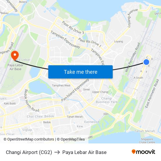 Changi Airport (CG2) to Paya Lebar Air Base map