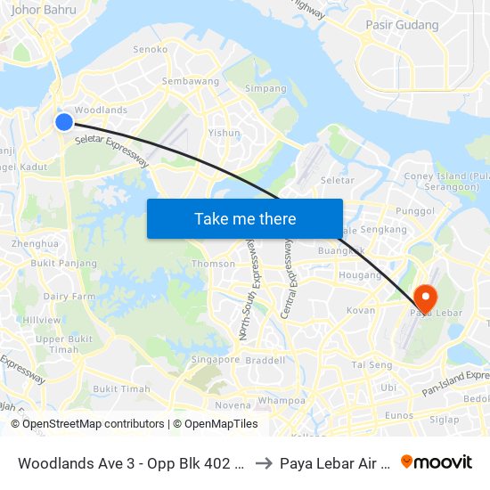 Woodlands Ave 3 - Opp Blk 402 (46499) to Paya Lebar Air Base map