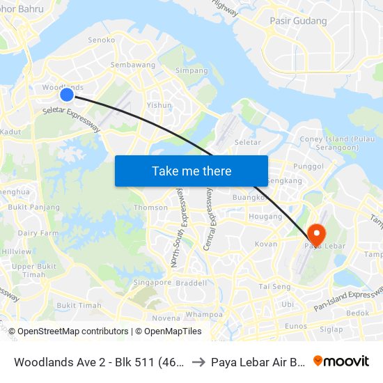 Woodlands Ave 2 - Blk 511 (46331) to Paya Lebar Air Base map