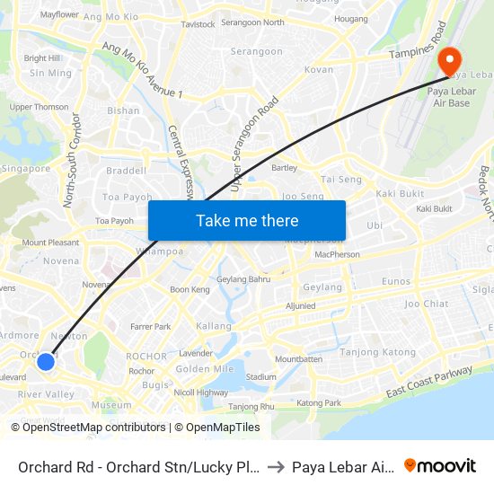 Orchard Rd - Orchard Stn/Lucky Plaza (09048) to Paya Lebar Air Base map