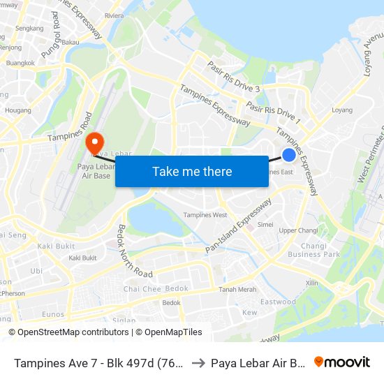 Tampines Ave 7 - Blk 497d (76241) to Paya Lebar Air Base map