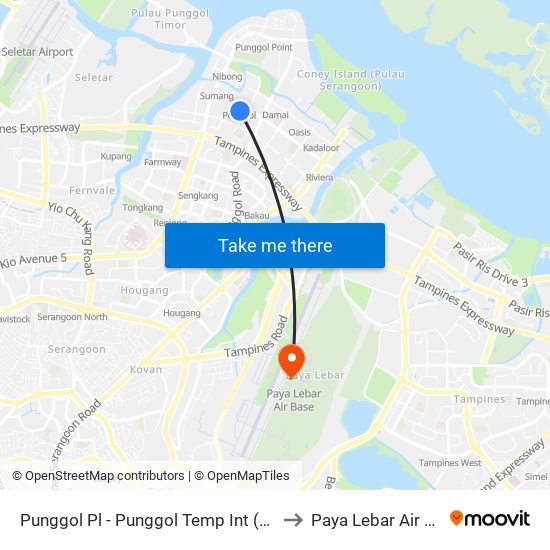 Punggol Pl - Punggol Temp Int (65009) to Paya Lebar Air Base map