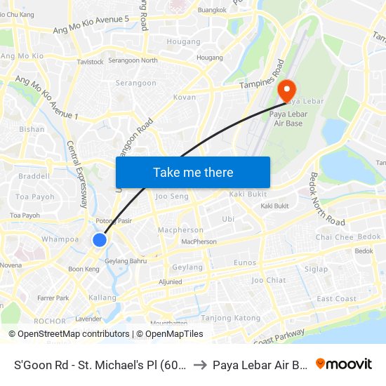 S'Goon Rd - St. Michael's Pl (60161) to Paya Lebar Air Base map