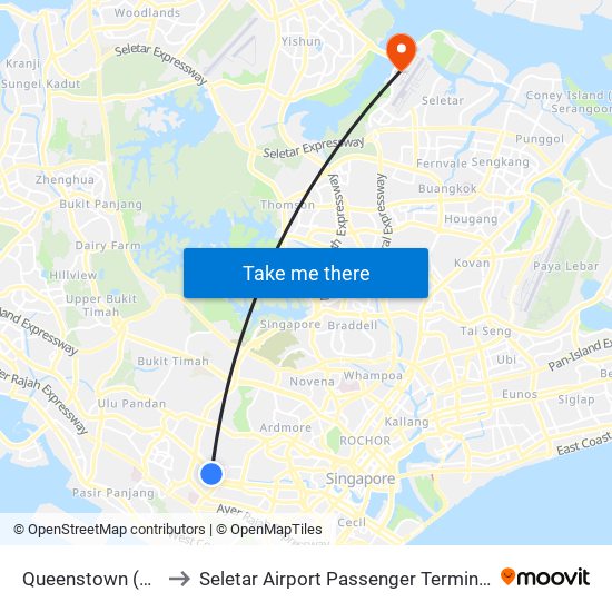 Queenstown (EW19) to Seletar Airport Passenger Terminal Building map