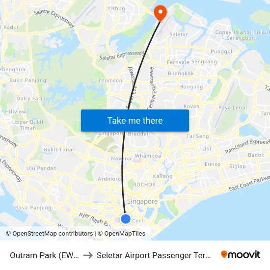 Outram Park (EW16|NE3) to Seletar Airport Passenger Terminal Building map