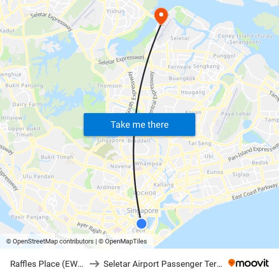 Raffles Place (EW14|NS26) to Seletar Airport Passenger Terminal Building map
