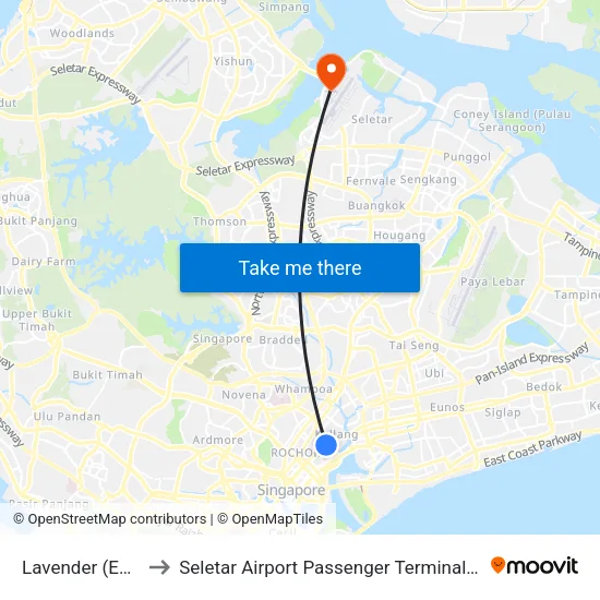 Lavender (EW11) to Seletar Airport Passenger Terminal Building map