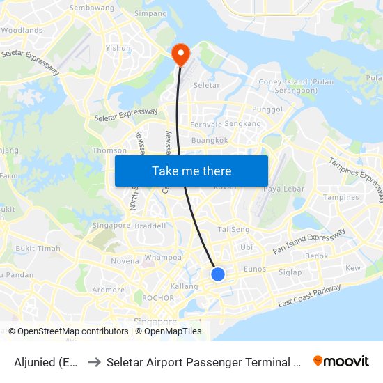 Aljunied (EW9) to Seletar Airport Passenger Terminal Building map