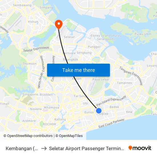 Kembangan (EW6) to Seletar Airport Passenger Terminal Building map