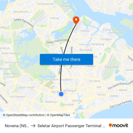 Novena (NS20) to Seletar Airport Passenger Terminal Building map