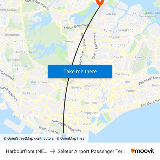 Harbourfront (NE1|CC29) to Seletar Airport Passenger Terminal Building map