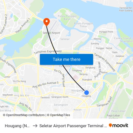 Hougang (NE14) to Seletar Airport Passenger Terminal Building map