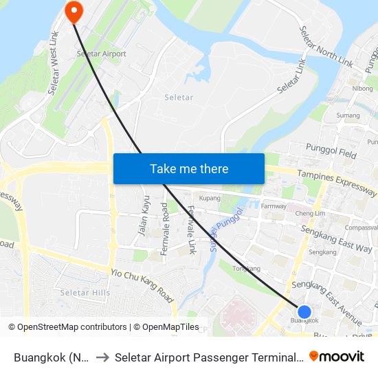 Buangkok (NE15) to Seletar Airport Passenger Terminal Building map