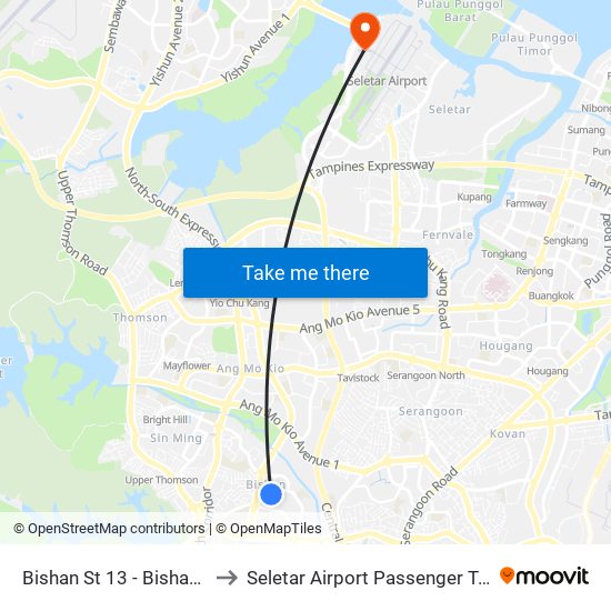 Bishan St 13 - Bishan Int (53009) to Seletar Airport Passenger Terminal Building map