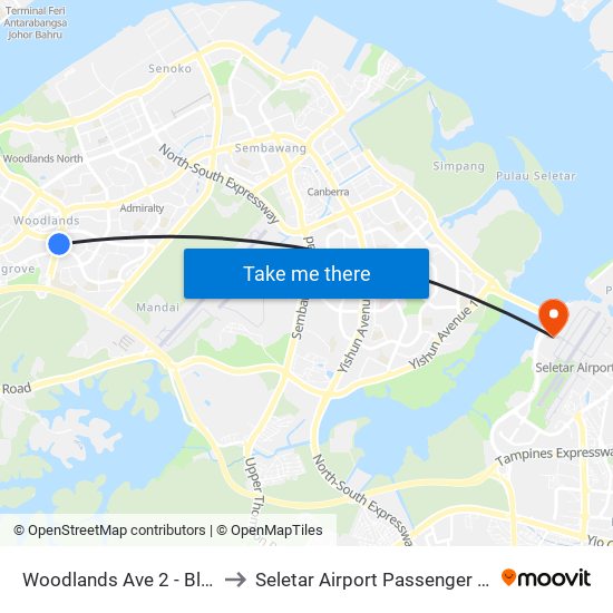 Woodlands Ave 2 - Blk 511 (46331) to Seletar Airport Passenger Terminal Building map