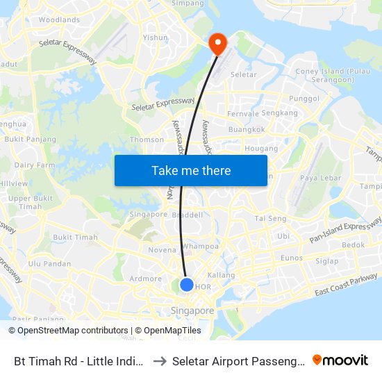 Bt Timah Rd - Little India Stn Exit A (40011) to Seletar Airport Passenger Terminal Building map