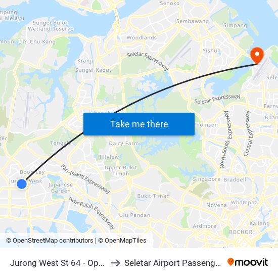 Jurong West St 64 - Opp Blk 662c (22499) to Seletar Airport Passenger Terminal Building map