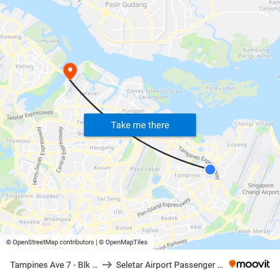 Tampines Ave 7 - Blk 497d (76241) to Seletar Airport Passenger Terminal Building map