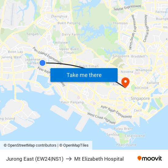 Jurong East (EW24|NS1) to Mt Elizabeth Hospital map