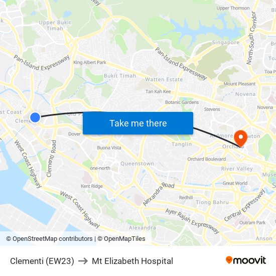 Clementi (EW23) to Mt Elizabeth Hospital map