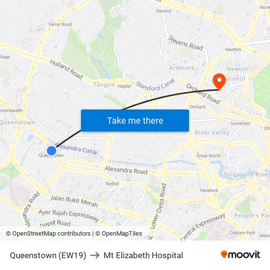 Queenstown (EW19) to Mt Elizabeth Hospital map