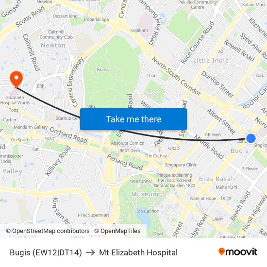 Bugis (EW12|DT14) to Mt Elizabeth Hospital map