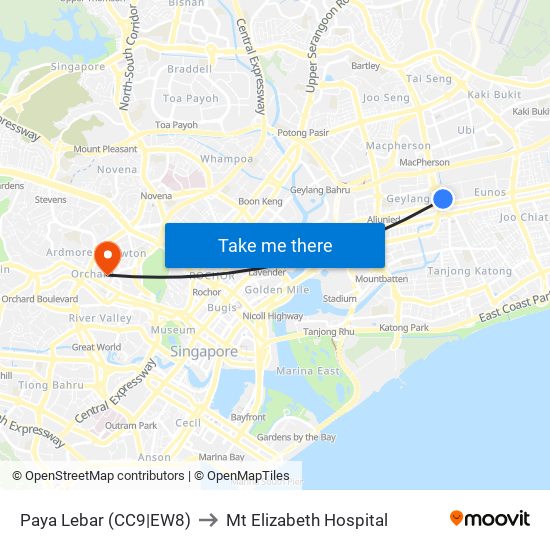 Paya Lebar (CC9|EW8) to Mt Elizabeth Hospital map