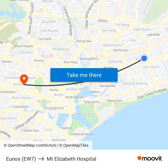 Eunos (EW7) to Mt Elizabeth Hospital map