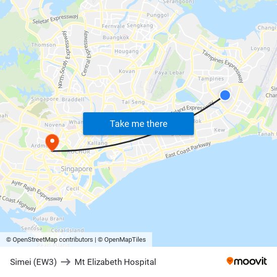 Simei (EW3) to Mt Elizabeth Hospital map